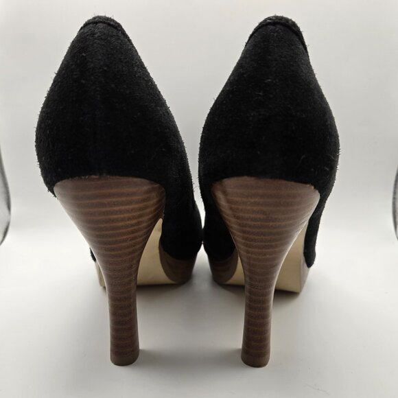 Steve Madden Black Suede Peep Toe Heels 8M Black Upper Brown Balance - Picture 5 of 13